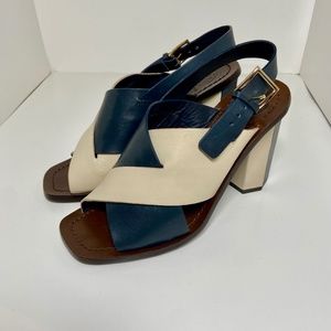 Tory Burch Bleecker Slingback Leather Sandals Two Tone Wide Strap W/Hex Heel